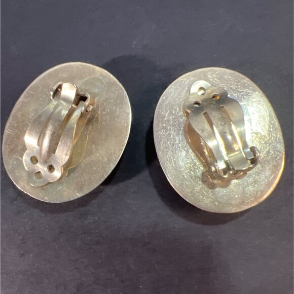 Vtg Natural Leopard Skin Jasper Cabochon Sterling Silver Clip Earrings Artisan - Picture 6 of 10